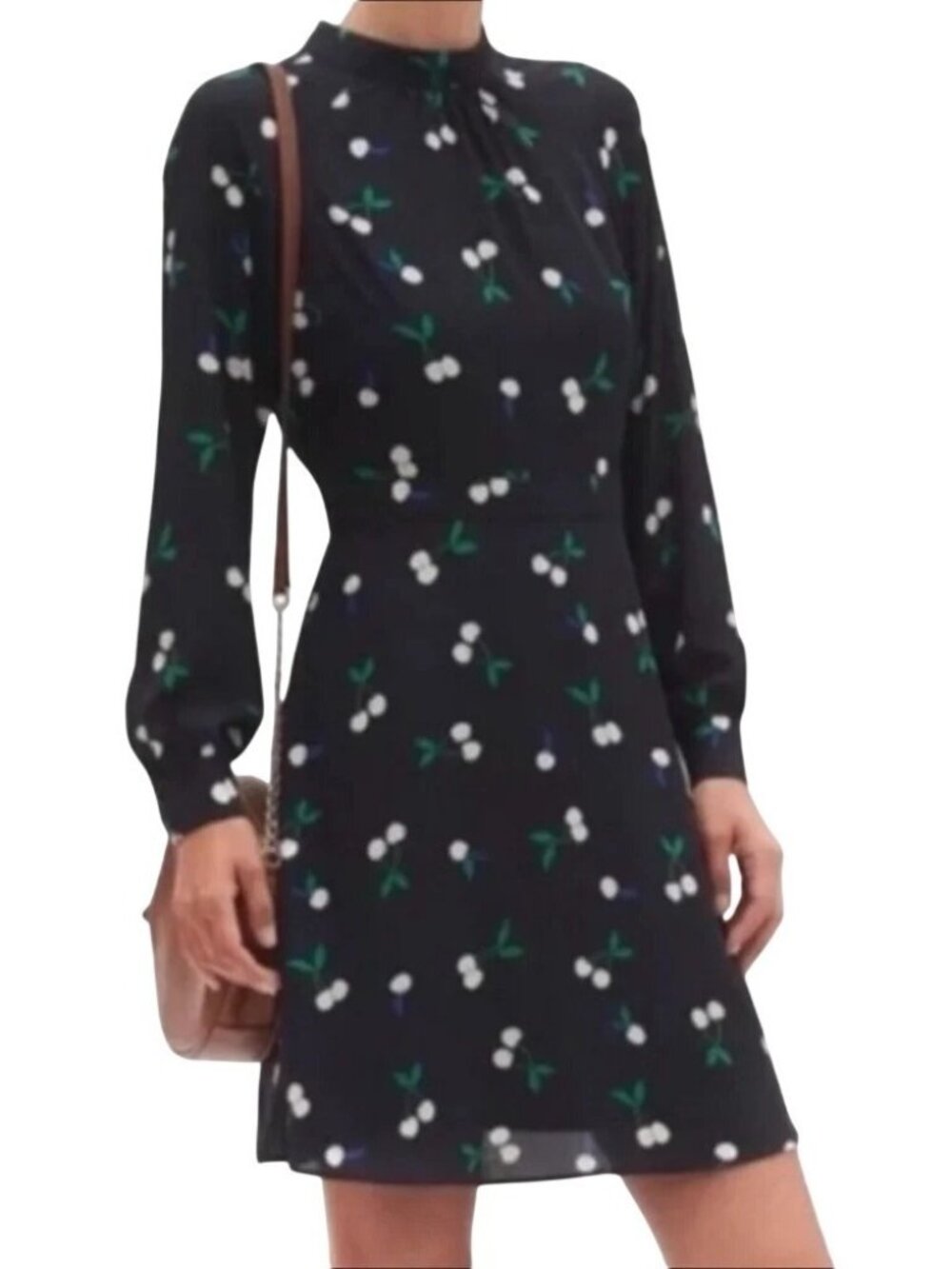 NWT Banana Republic Cherry Print Dress Size 12 Navy Long Sleeve Mock Neck Chic